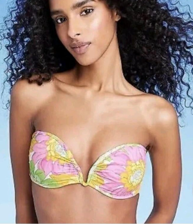 Bikini Top 36B floral pink and yellow removable straps